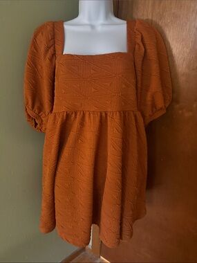 Free People Mini Dress in Rust Orange Textured Puff-Sleeve